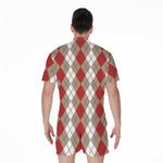 Red Beige And White Argyle Pattern Print Men's Rompers
