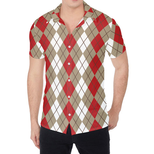 Red Beige And White Argyle Pattern Print Men's Shirt