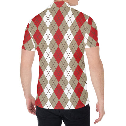 Red Beige And White Argyle Pattern Print Men's Shirt