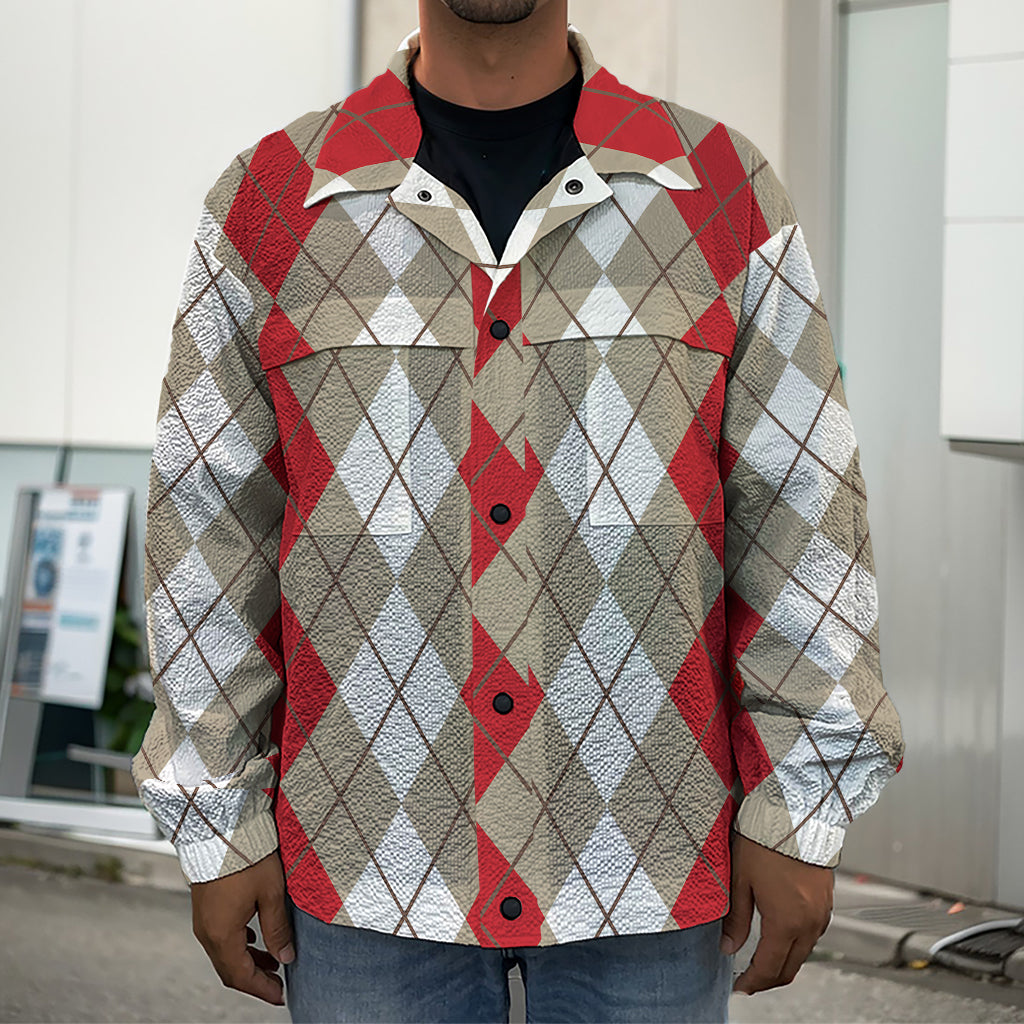 Red Beige And White Argyle Pattern Print Men's Shirt Jacket