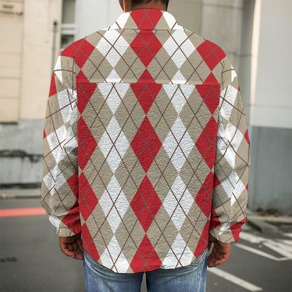 Red Beige And White Argyle Pattern Print Men's Shirt Jacket