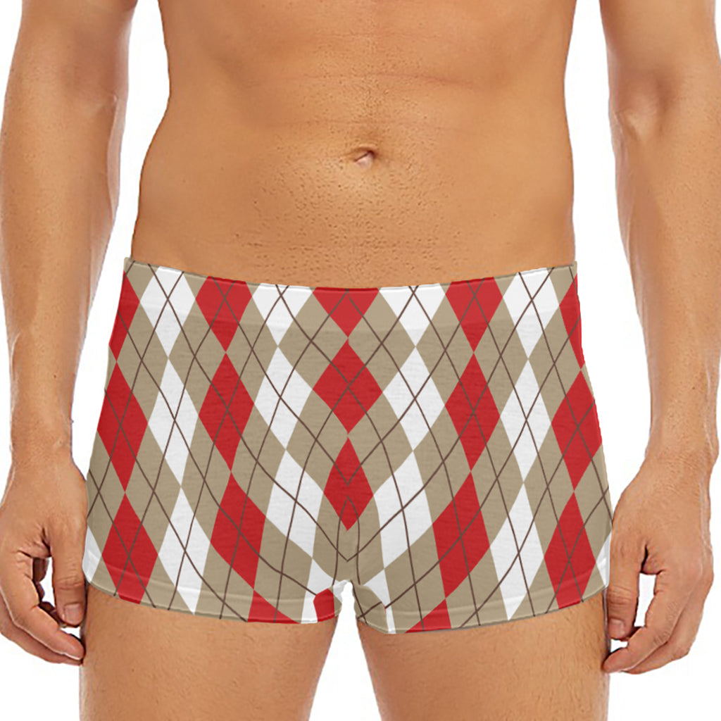 Red Beige And White Argyle Pattern Print Men's Short Boxer Briefs