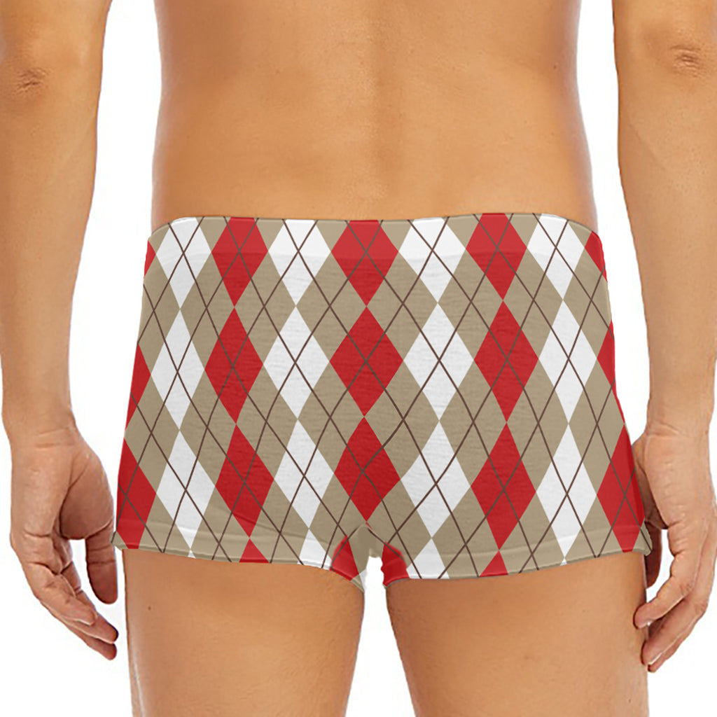 Red Beige And White Argyle Pattern Print Men's Short Boxer Briefs