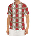 Red Beige And White Argyle Pattern Print Men's Short Sleeve Rash Guard