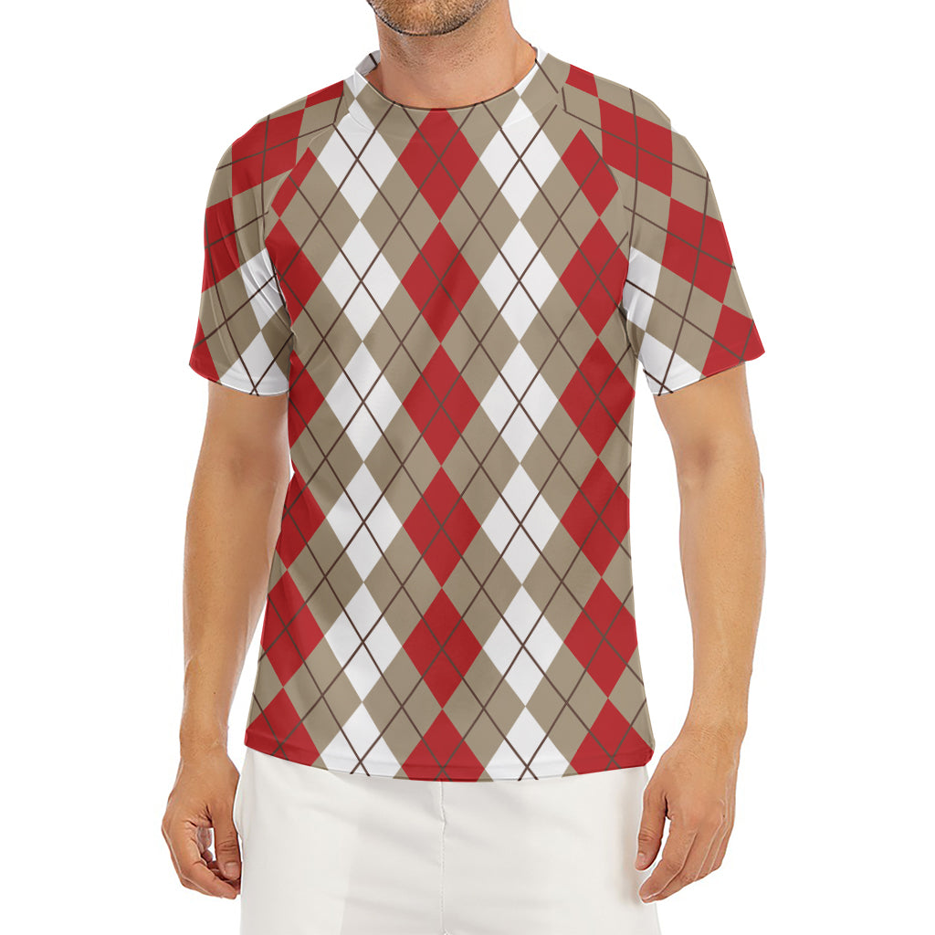 Red Beige And White Argyle Pattern Print Men's Short Sleeve Rash Guard