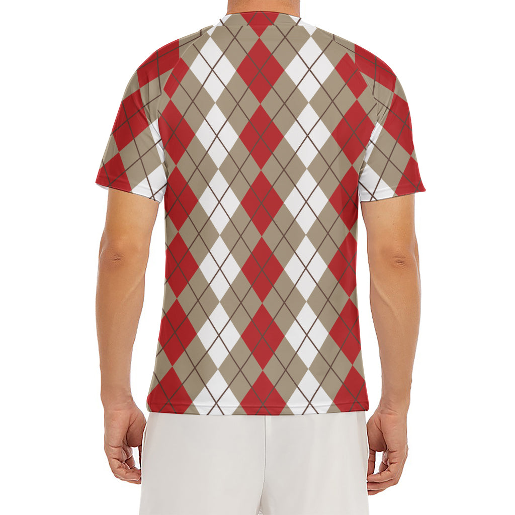 Red Beige And White Argyle Pattern Print Men's Short Sleeve Rash Guard