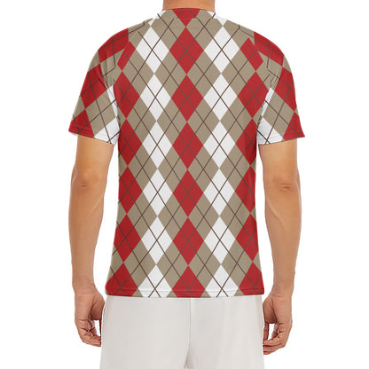Red Beige And White Argyle Pattern Print Men's Short Sleeve Rash Guard