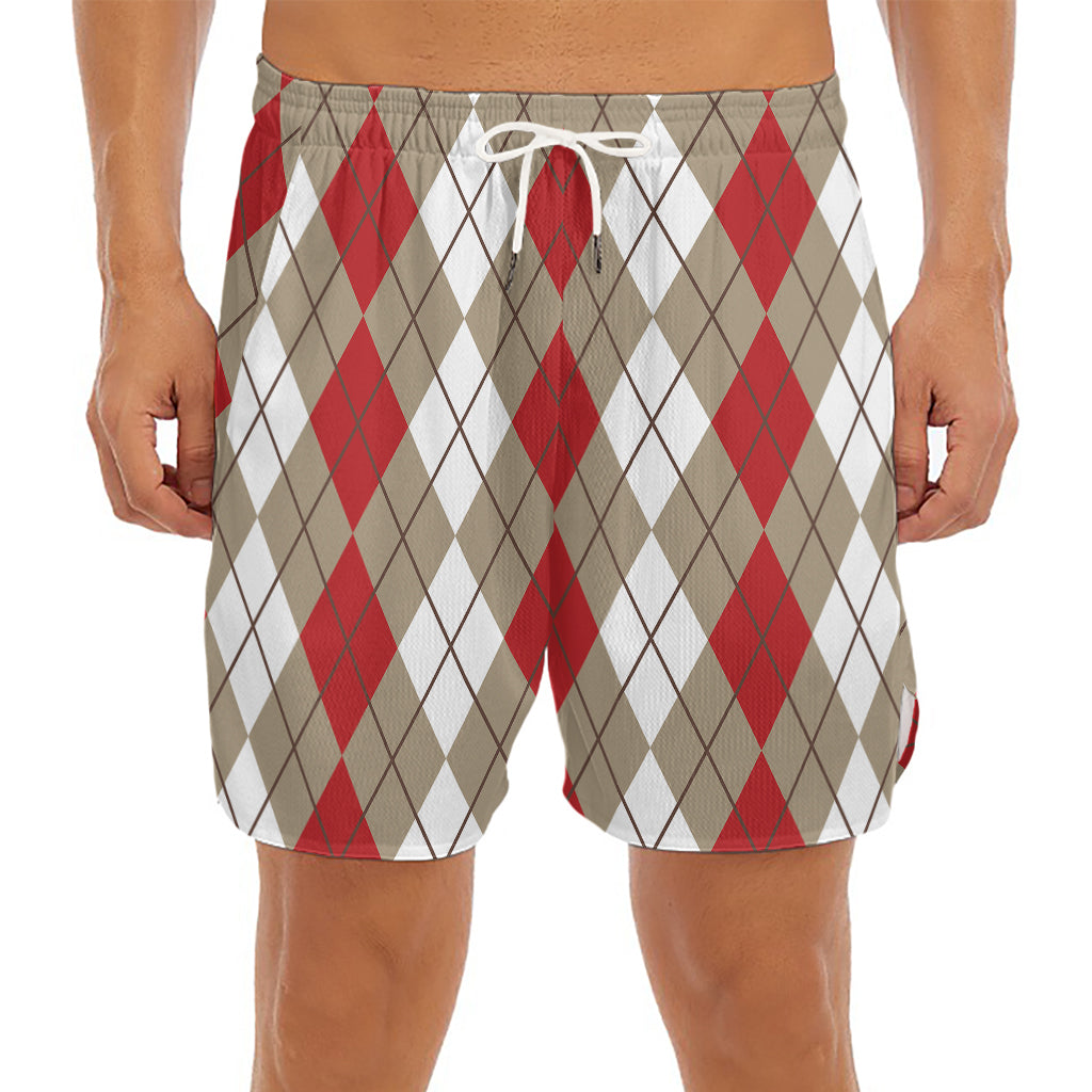 Red Beige And White Argyle Pattern Print Men's Split Running Shorts