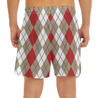 Red Beige And White Argyle Pattern Print Men's Split Running Shorts