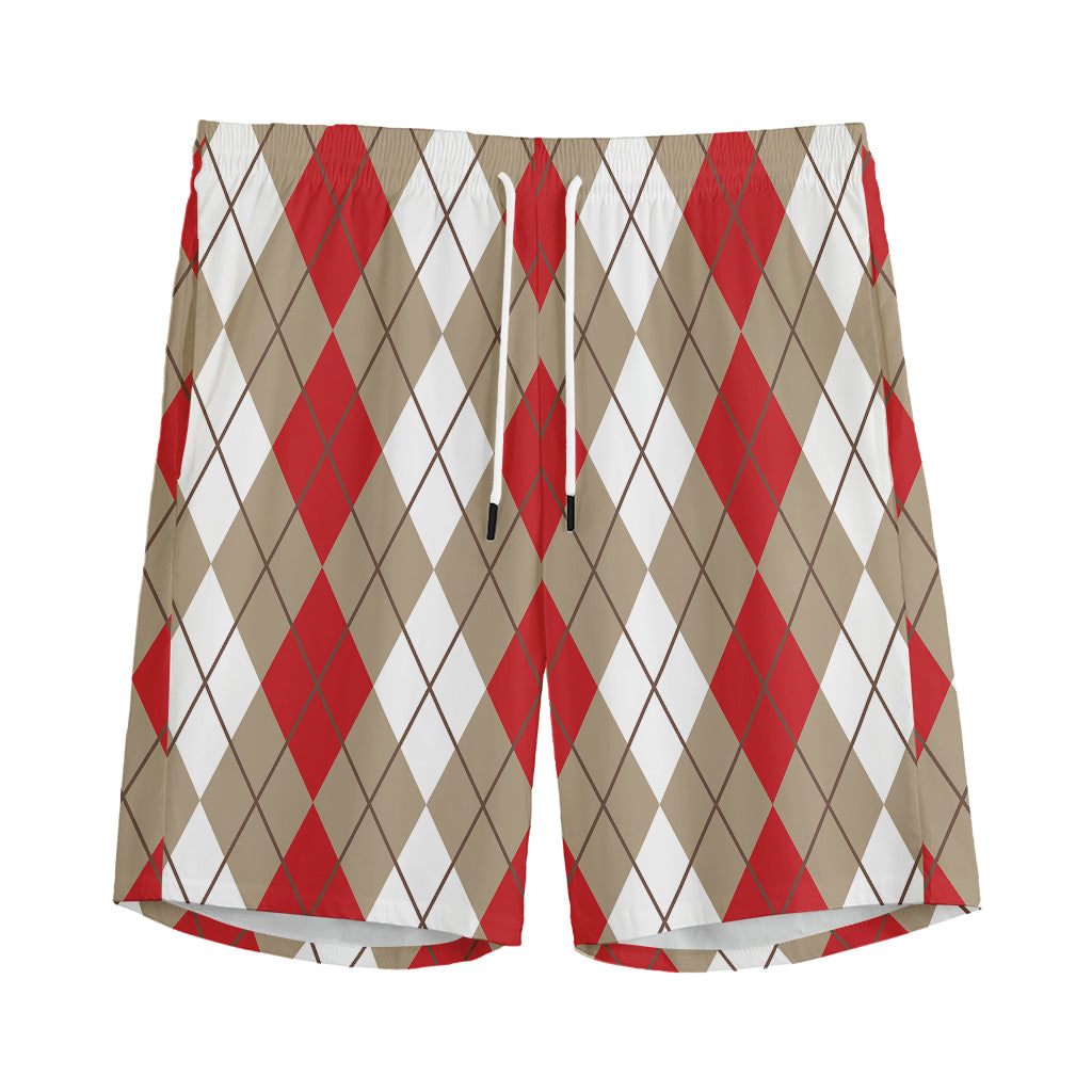 Red Beige And White Argyle Pattern Print Men's Sports Shorts