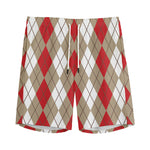 Red Beige And White Argyle Pattern Print Men's Sports Shorts