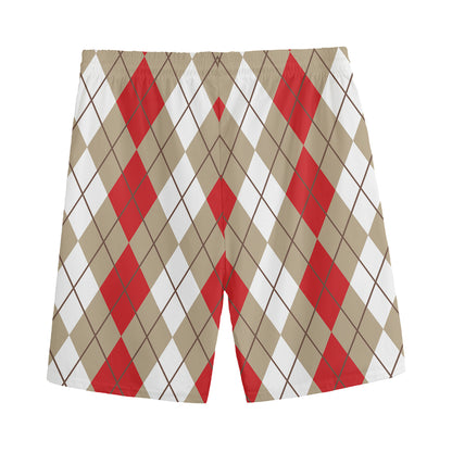 Red Beige And White Argyle Pattern Print Men's Sports Shorts
