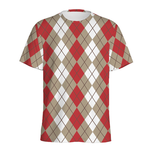 Red Beige And White Argyle Pattern Print Men's Sports T-Shirt