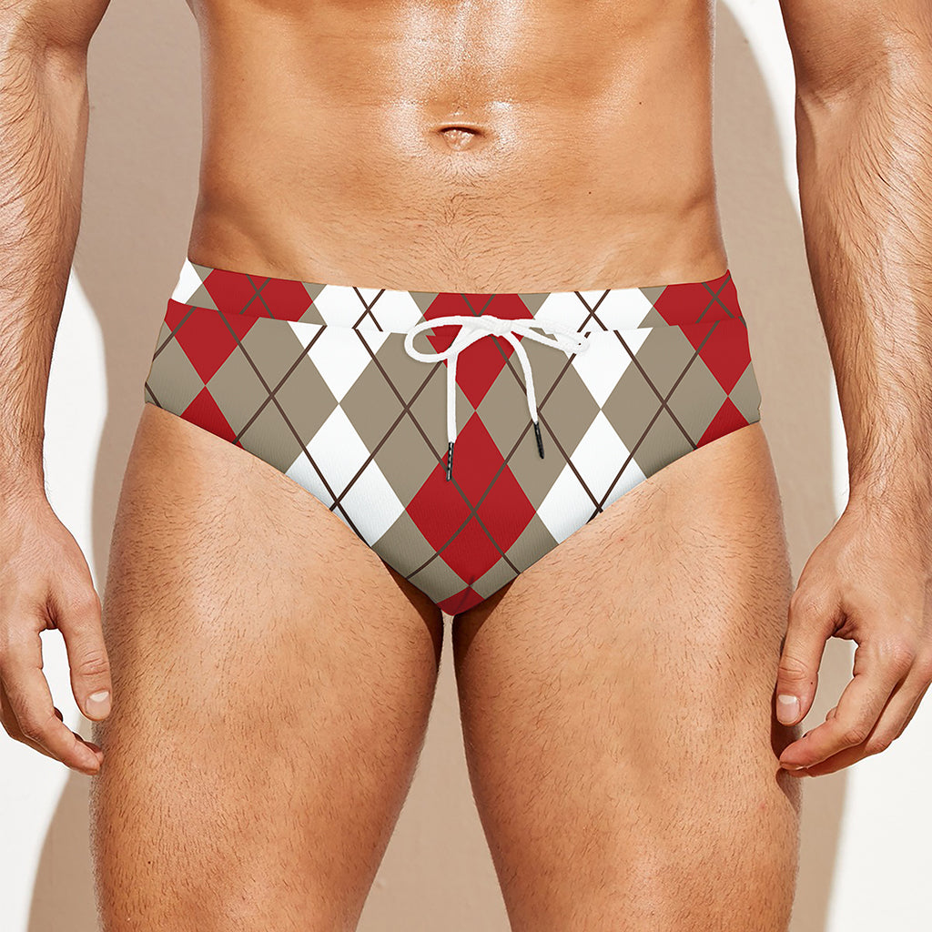Red Beige And White Argyle Pattern Print Men's Swim Briefs