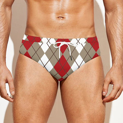 Red Beige And White Argyle Pattern Print Men's Swim Briefs