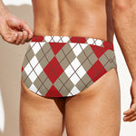 Red Beige And White Argyle Pattern Print Men's Swim Briefs