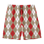 Red Beige And White Argyle Pattern Print Men's Swim Trunks