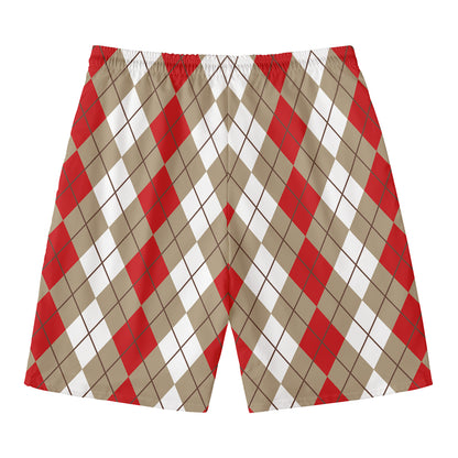 Red Beige And White Argyle Pattern Print Men's Swim Trunks