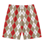 Red Beige And White Argyle Pattern Print Men's Swim Trunks