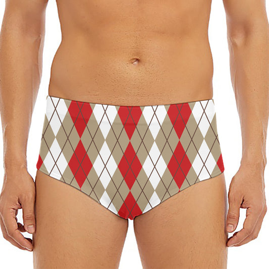 Red Beige And White Argyle Pattern Print Men's Triangle Swim Briefs