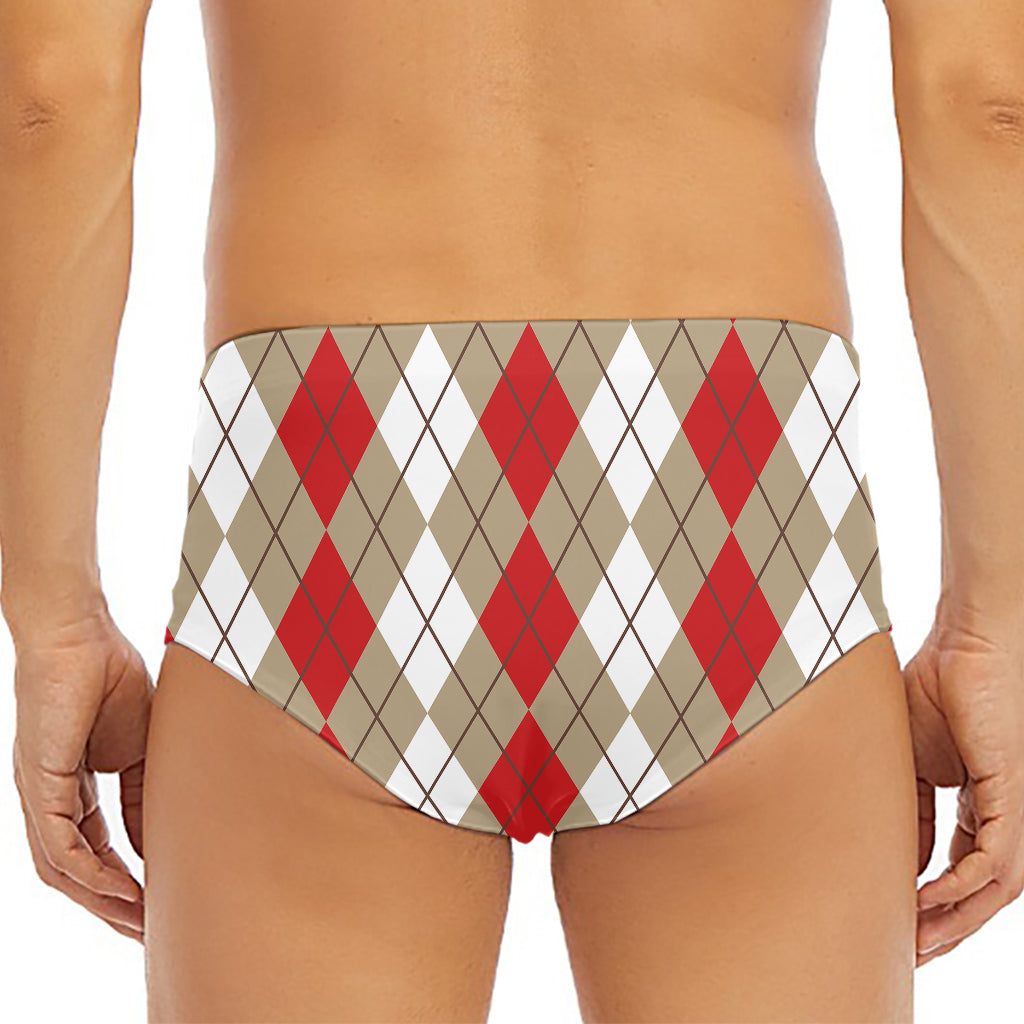 Red Beige And White Argyle Pattern Print Men's Triangle Swim Briefs