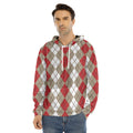 Red Beige And White Argyle Pattern Print Men's Velvet Pullover Hoodie