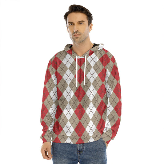 Red Beige And White Argyle Pattern Print Men's Velvet Pullover Hoodie