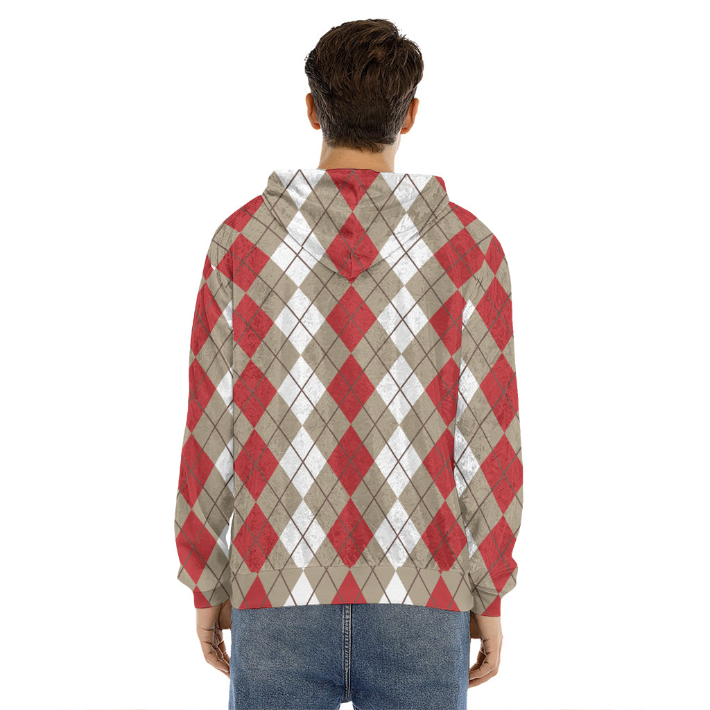 Red Beige And White Argyle Pattern Print Men's Velvet Pullover Hoodie