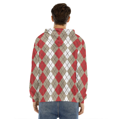 Red Beige And White Argyle Pattern Print Men's Velvet Pullover Hoodie