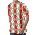 Red Beige And White Argyle Pattern Print Men's Velvet T-Shirt