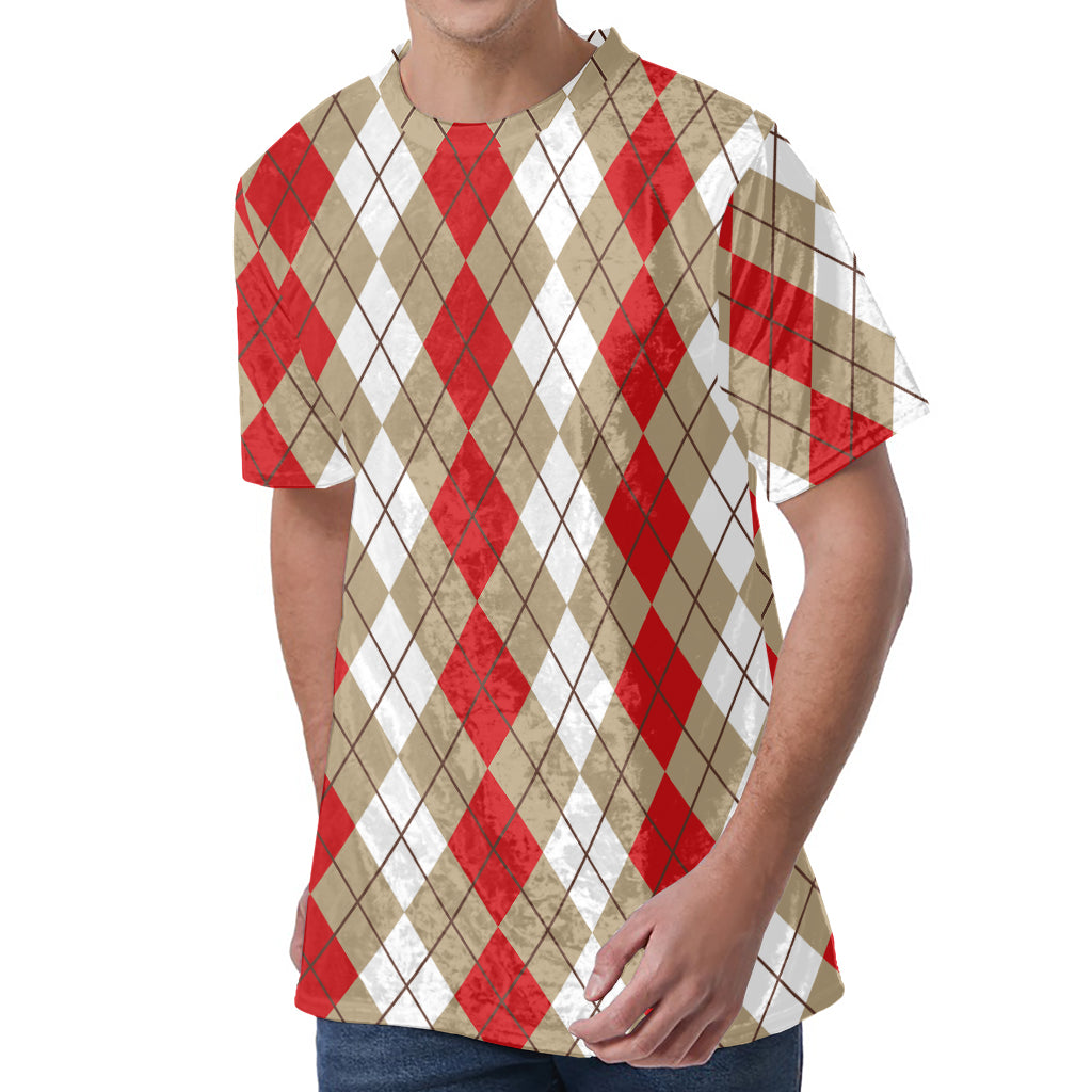 Red Beige And White Argyle Pattern Print Men's Velvet T-Shirt