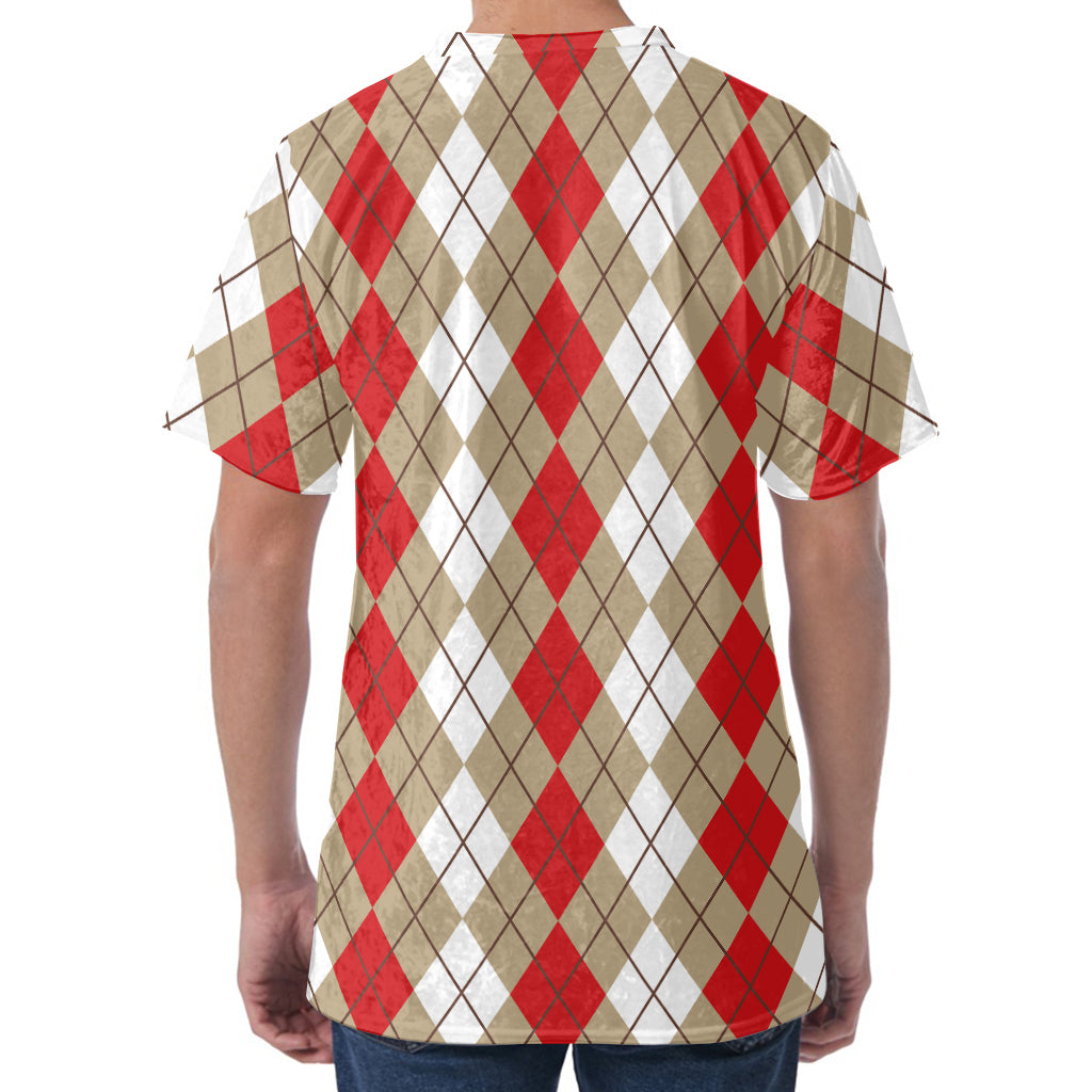 Red Beige And White Argyle Pattern Print Men's Velvet T-Shirt