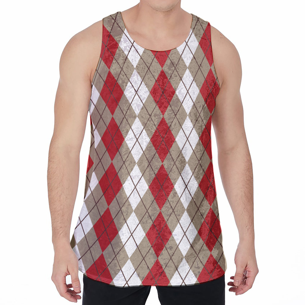 Red Beige And White Argyle Pattern Print Men's Velvet Tank Top