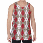 Red Beige And White Argyle Pattern Print Men's Velvet Tank Top