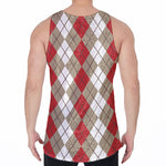 Red Beige And White Argyle Pattern Print Men's Velvet Tank Top