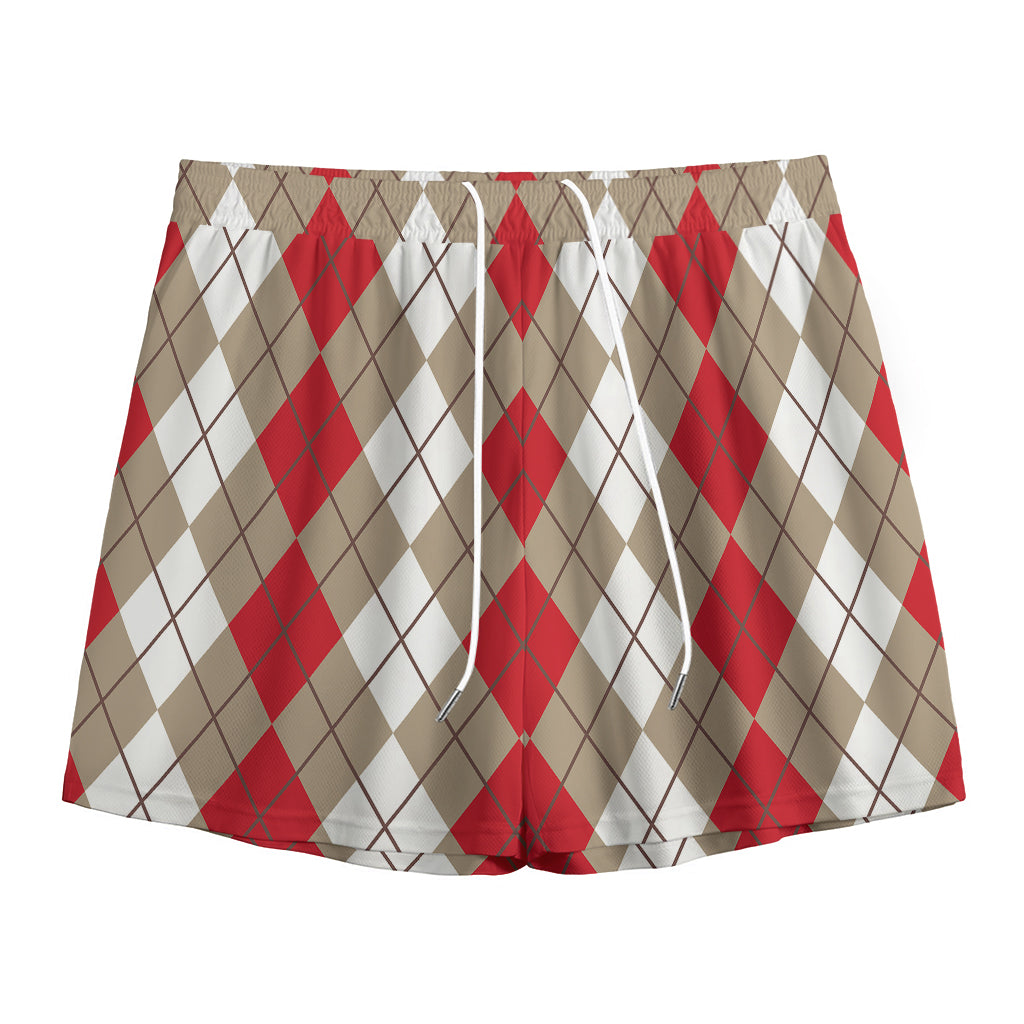 Red Beige And White Argyle Pattern Print Mesh Shorts