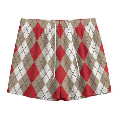 Red Beige And White Argyle Pattern Print Mesh Shorts