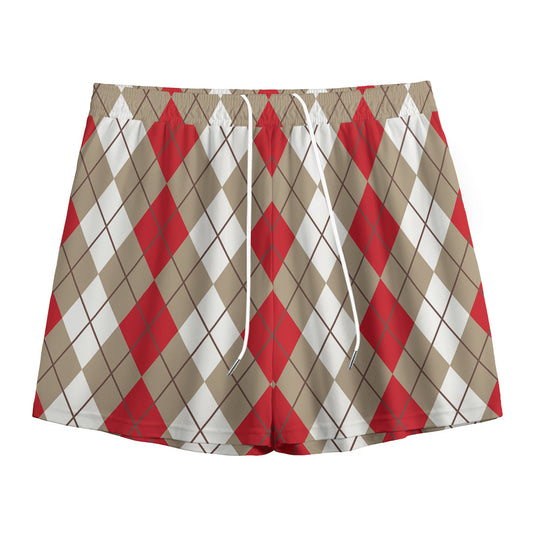 Red Beige And White Argyle Pattern Print Mesh Shorts