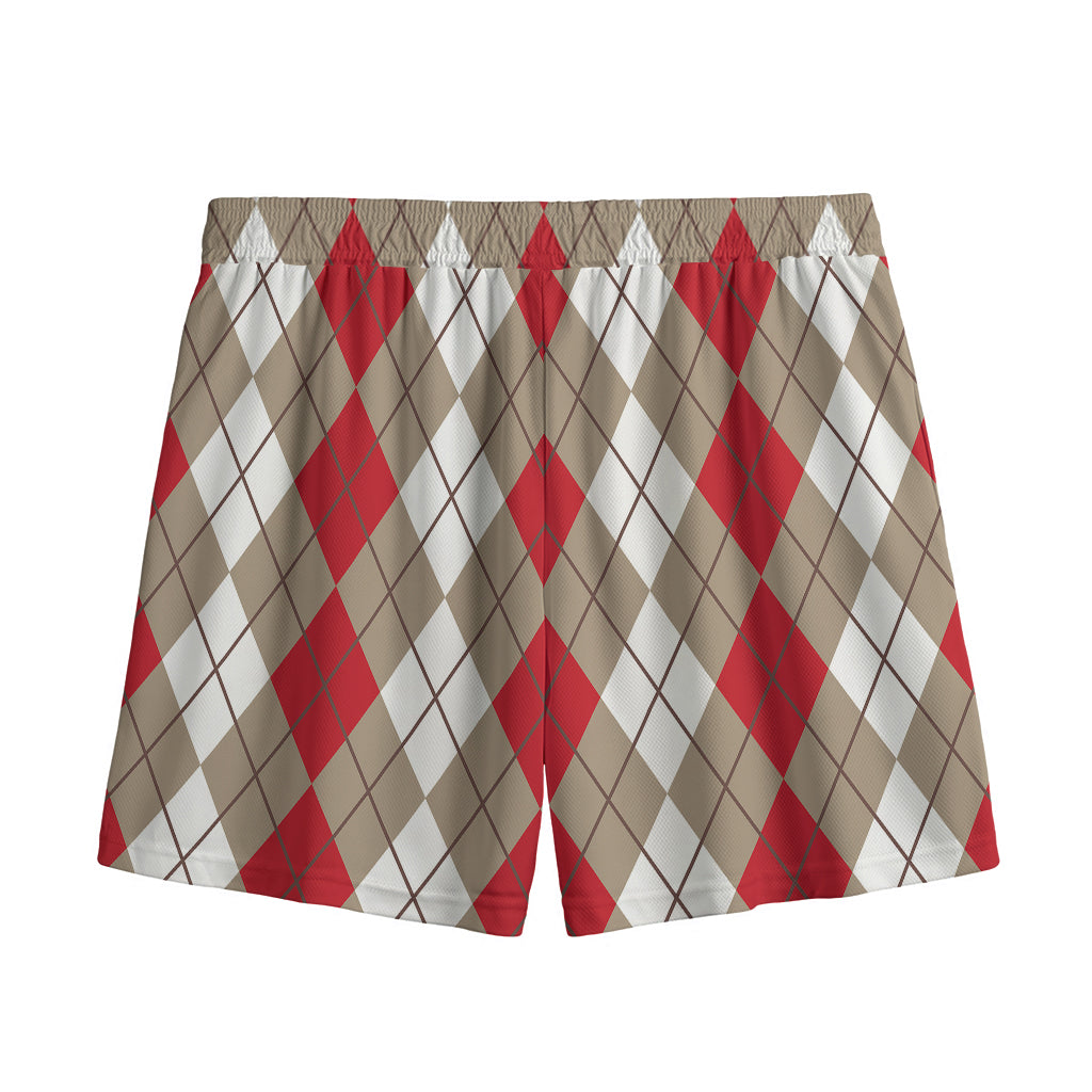 Red Beige And White Argyle Pattern Print Mesh Shorts