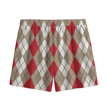 Red Beige And White Argyle Pattern Print Mesh Shorts