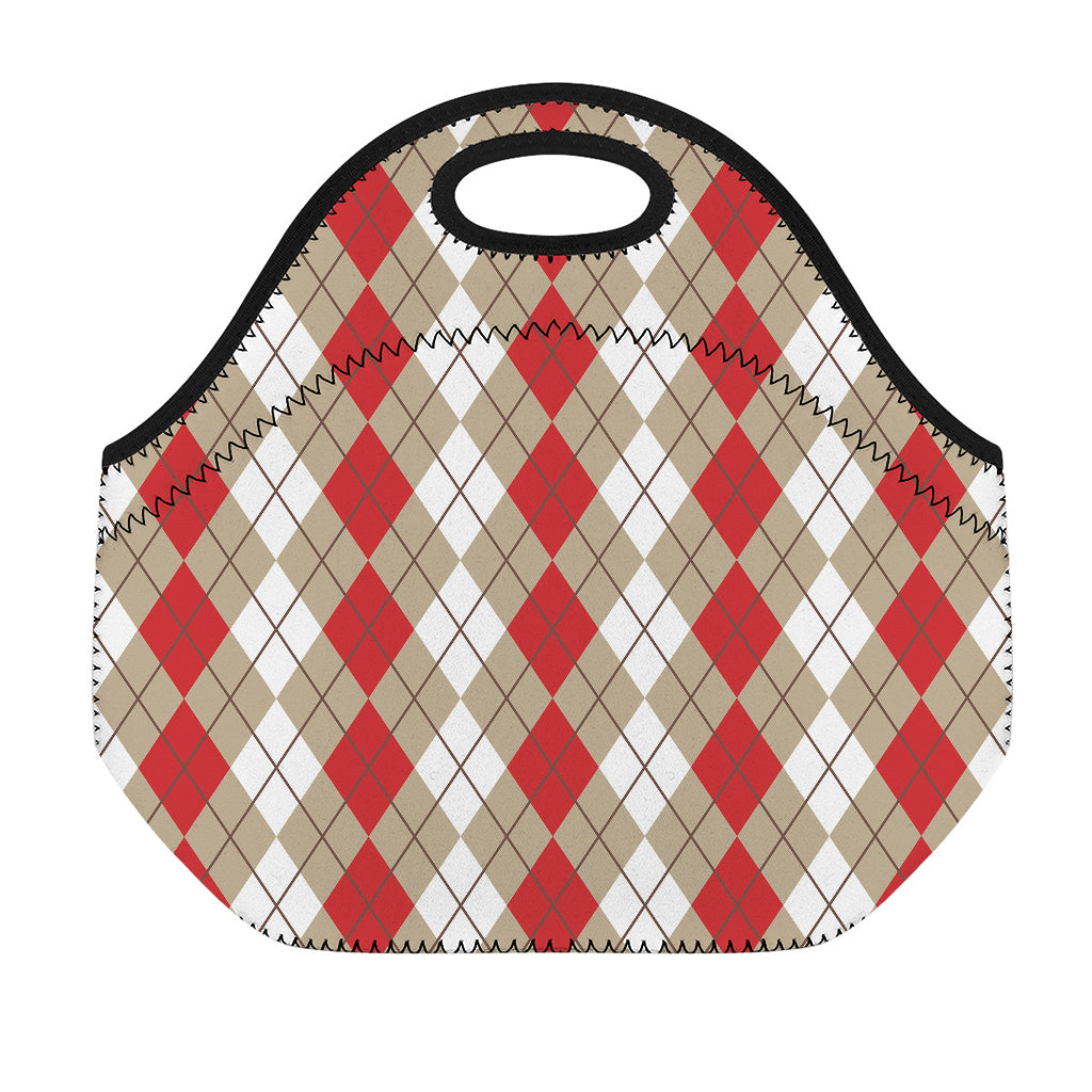 Red Beige And White Argyle Pattern Print Neoprene Lunch Bag
