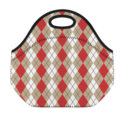 Red Beige And White Argyle Pattern Print Neoprene Lunch Bag