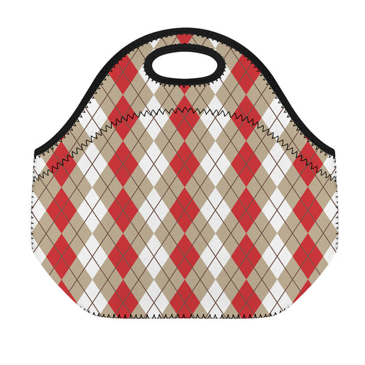 Red Beige And White Argyle Pattern Print Neoprene Lunch Bag