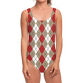 Red Beige And White Argyle Pattern Print One Piece Swimsuit