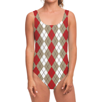 Red Beige And White Argyle Pattern Print One Piece Swimsuit