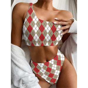 Red Beige And White Argyle Pattern Print One Shoulder Bikini Top