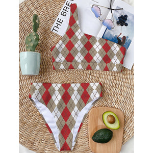 Red Beige And White Argyle Pattern Print One Shoulder Bikini Top