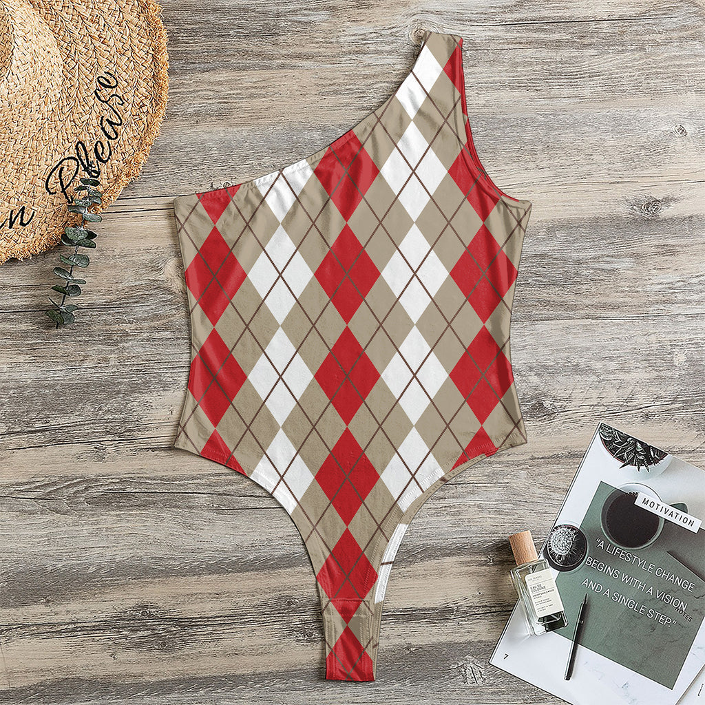 Red Beige And White Argyle Pattern Print One Shoulder Bodysuit