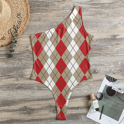 Red Beige And White Argyle Pattern Print One Shoulder Bodysuit