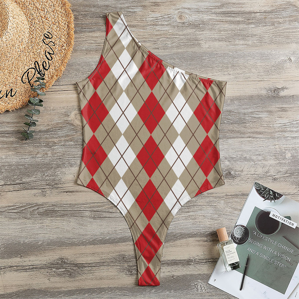 Red Beige And White Argyle Pattern Print One Shoulder Bodysuit